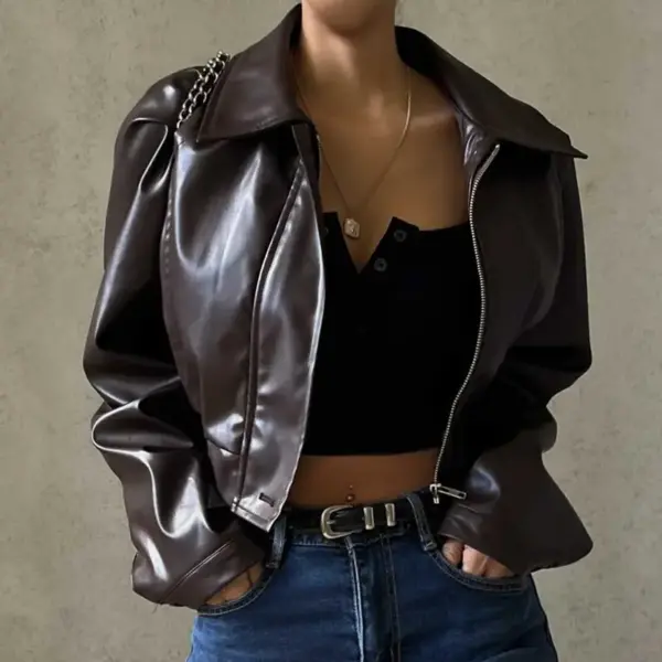 Retro Brown PU Leather Zipper Jacket for Women, Slim Fit