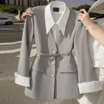 Womens Waist-Cinching Black Fake Two-Piece Blazer