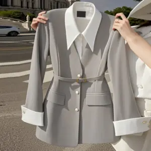 Womens Waist-Cinching Black Fake Two-Piece Blazer