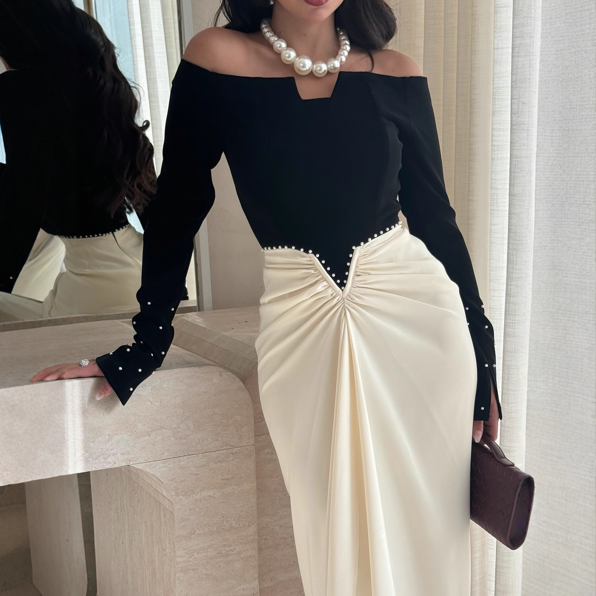 Bold Black & White Color-Block Sheath Dress with Pearls