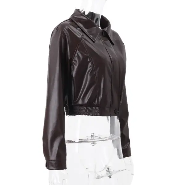 Retro Brown PU Leather Zipper Jacket for Women, Slim Fit