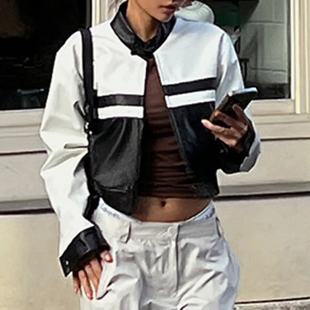 Black & White Slim Fit Ladies Leather Jacket, Long Sleeve