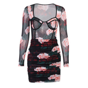 Sexy Mesh Rose Flower Long-sleeved Dress Women