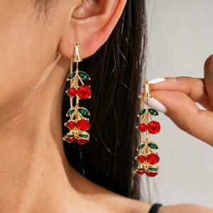 Red Cherry Rhinestone Hoop Earrings for Women, Statement