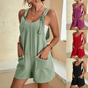Breathable Summer Suspender Romper Jumpsuit with Pockets