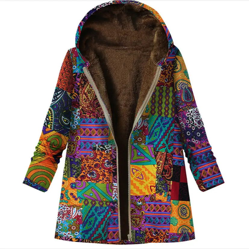 Retro Warm Printed Pocket Thick Zippered Hooded Coat Retro Warm Printed Pocket Thick Zippered Hooded Coat