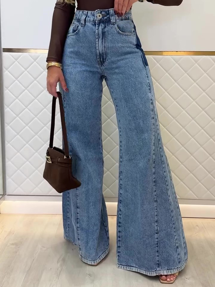 Light Blue High-Waisted Flared Jeans with Patchwork Details