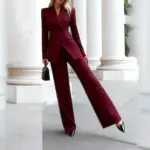 Structured Office Double-Breasted Coat, Wine Red Long Sleeve