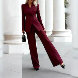 Structured Office Double-Breasted Coat, Wine Red Long Sleeve