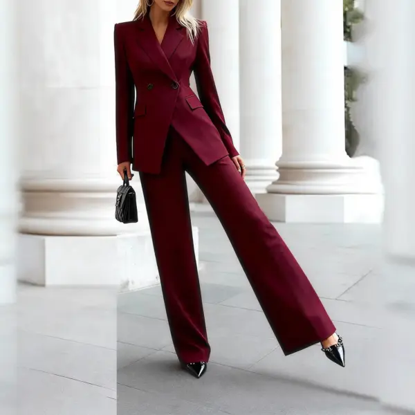 Structured Office Double-Breasted Coat, Wine Red Long Sleeve