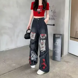 Distressed Ripped High-Waist Black Denim Jeans, Stretchless