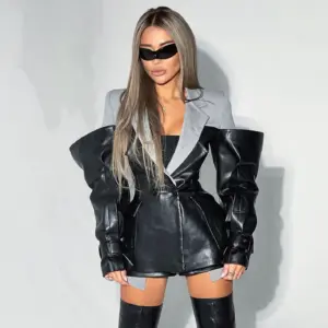 Women’s Leather Stitching Suit Jacket for Autumn/Winter