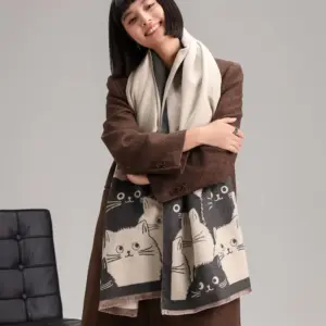 Warm Double-Sided Faux Cashmere Scarf for Students, Kitty Design