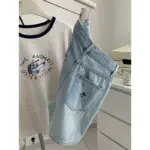High-Waist Bow-Embroidered Blue Denim Shorts with Pockets