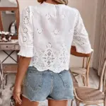 Hollow-out Embroidered Three-quarter Sleeve Womens Shirt