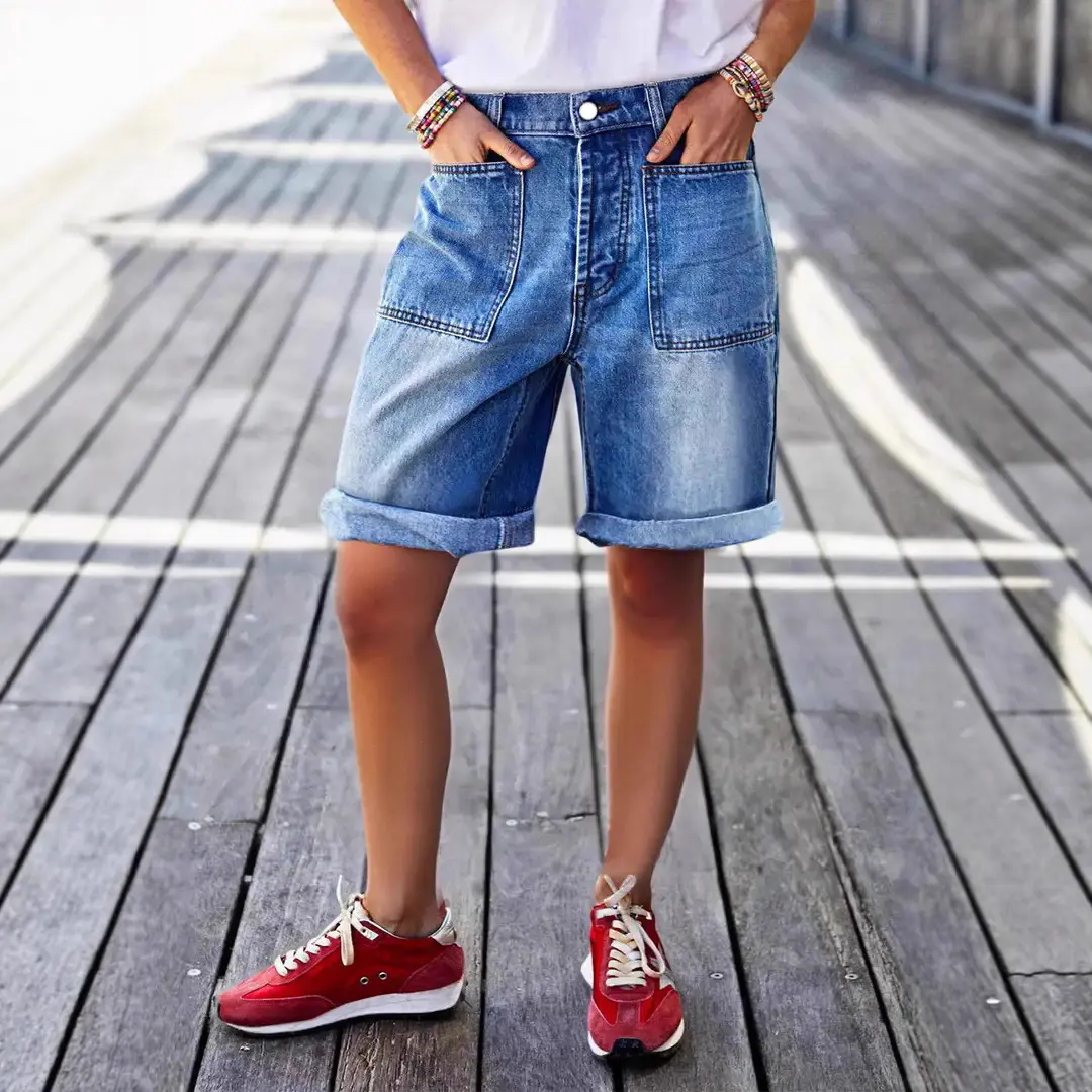 Comfort Stretch Mid-Rise Bermuda Straight-Leg Denim Shorts Comfort Stretch Mid-Rise Bermuda Straight-Leg Denim Shorts