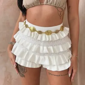 Sexy Solid-Colored High-Waisted Knitted Multi-Layer Ruffle-Trimmed Shorts