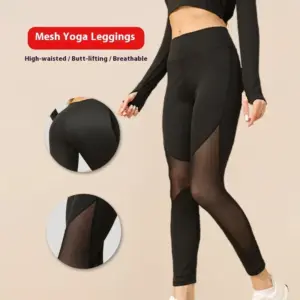 Breathable Mesh Ankle-Length Yoga Leggings, Polyester