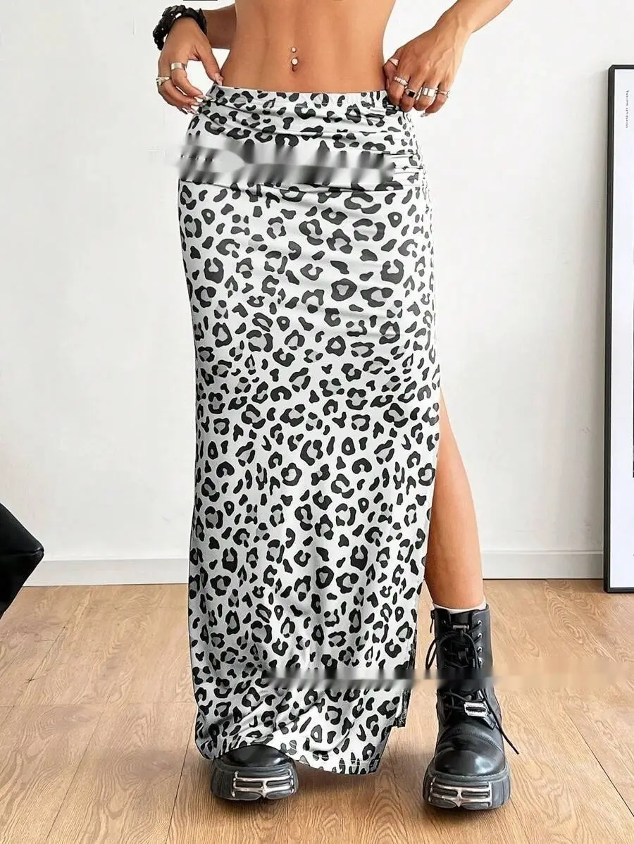 Animal Print Cow Milk Silk Pleated Slit Long Dress for Women