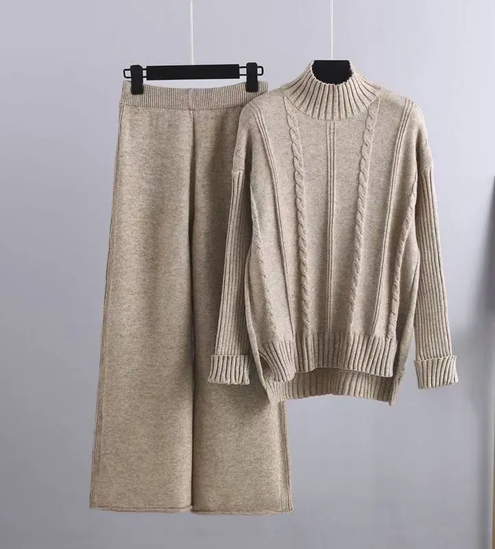 High-end Mock Neck Sweater Wide-leg Pants Suit Women High-end Mock Neck Sweater Wide-leg Pants Suit Women