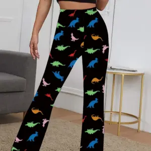 High-Waist Stretch Dinosaur Bell-Bottom Trousers for Women