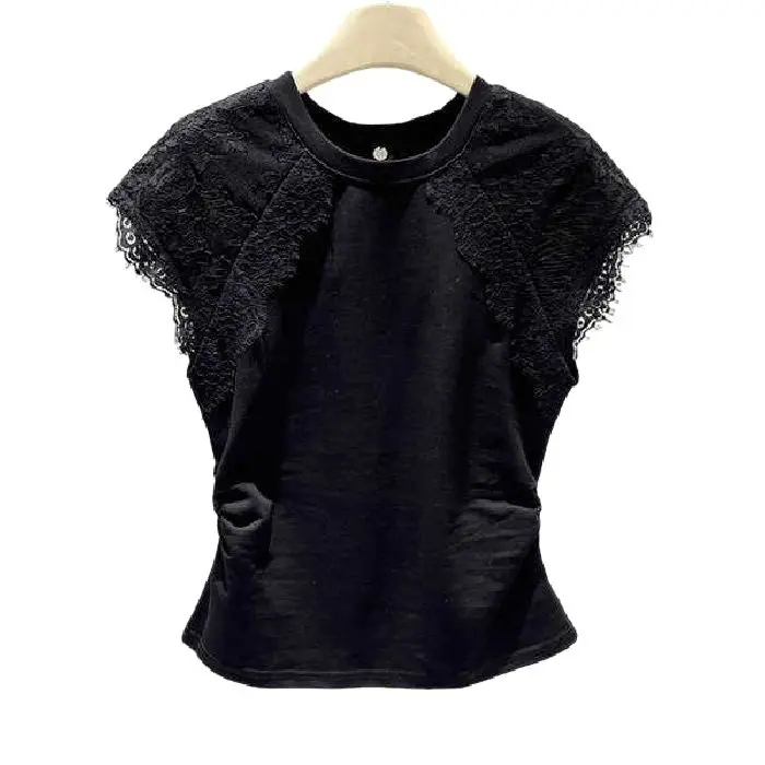 Simple Lace-spliced Round-neck Short Sleeves Simple Lace-spliced Round-neck Short Sleeves