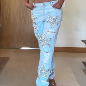 Ripped Diamond Star Jeans for Women with Regular Denim Fit Ripped Diamond Star Jeans for Women with Regular Denim Fit