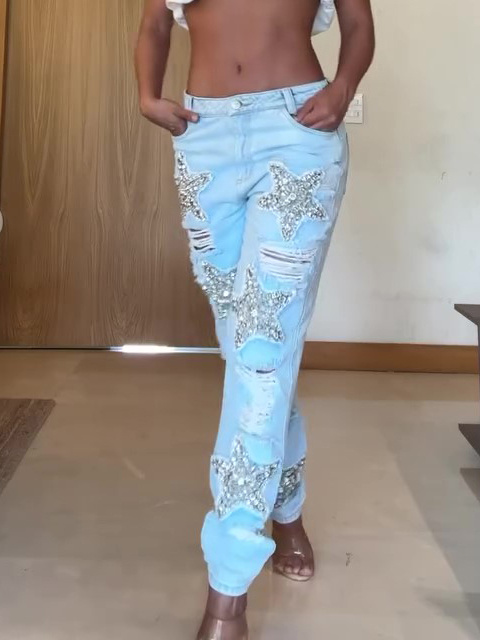Ripped Diamond Star Jeans for Women with Regular Denim Fit Ripped Diamond Star Jeans for Women with Regular Denim Fit