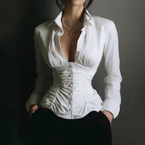 Flattering Deep V-Neck Lace-Trim Long Sleeve Women’s Shirt