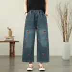 Butterfly Embroidered Loose-Fit Cotton Denim Jeans for Women