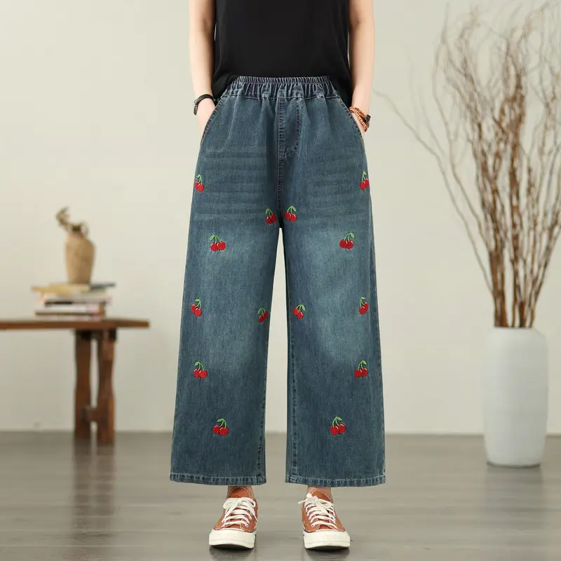Butterfly Embroidered Loose-Fit Cotton Denim Jeans for Women