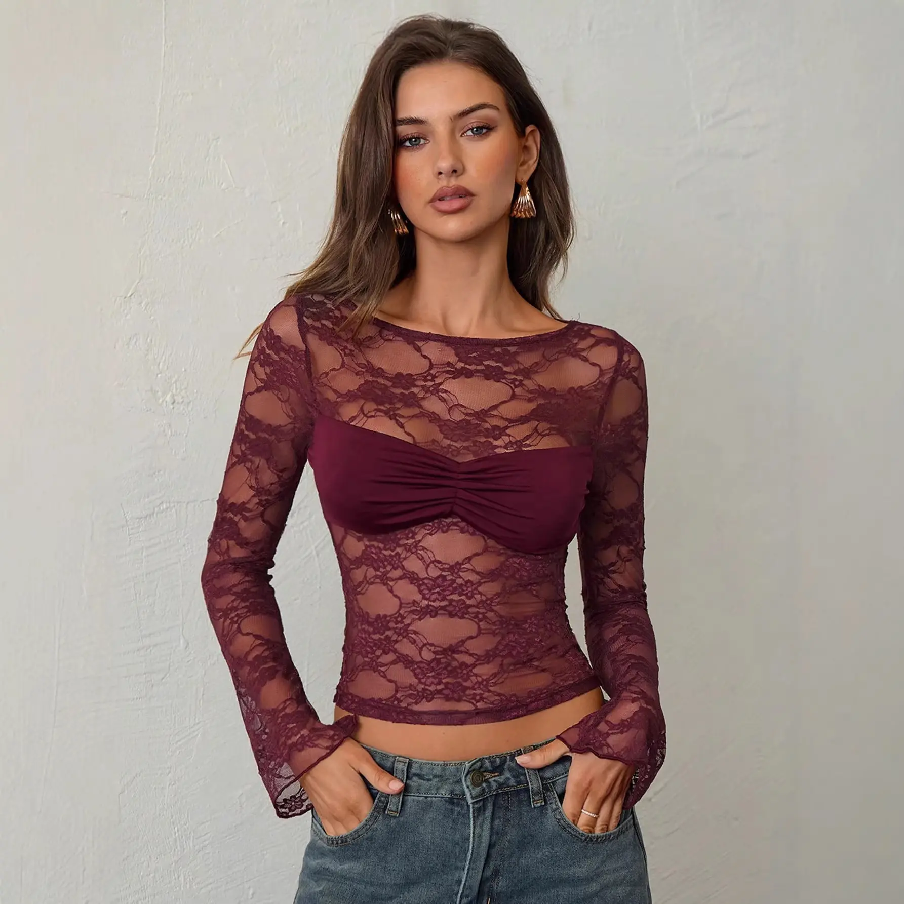 Women's Lace Sheer Long-Sleeve Top