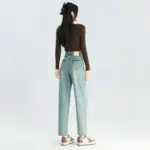 High-Waist Cropped Denim Baggy Pants for Women - Light Blue