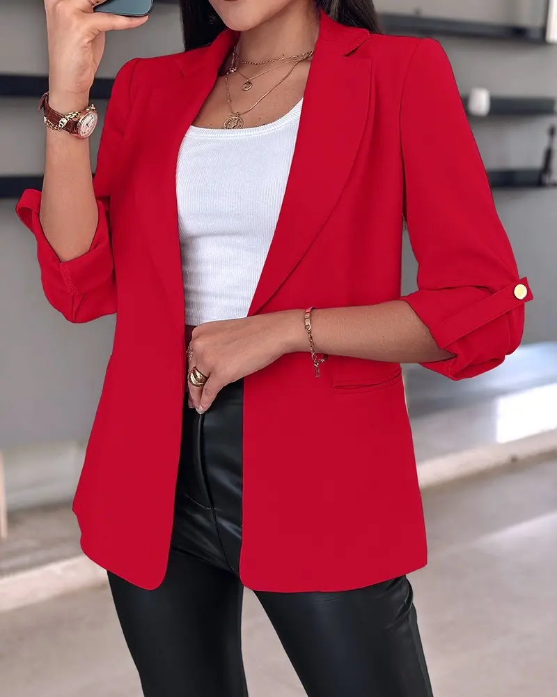 Pockets Rolled-Sleeve Casual Blazer for Women - Black Pockets Rolled-Sleeve Casual Blazer for Women - Black
