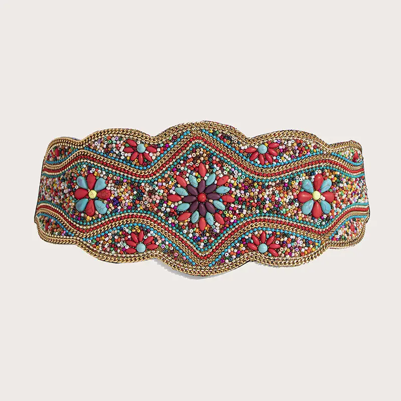 Ethnic Beaded Waist Seal with Hemp Rope, Wide 74 cm