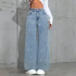 Women's Loose Mid-Waist Stretch Straight Jeans With Rhinestones