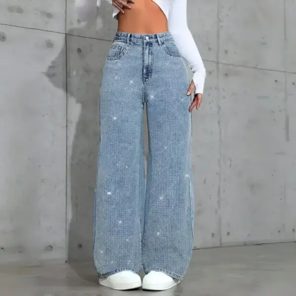 Women's Loose Mid-Waist Stretch Straight Jeans With Rhinestones