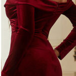 Wine Red Velvet-Look Bridesmaid Dress with Long Sleeves