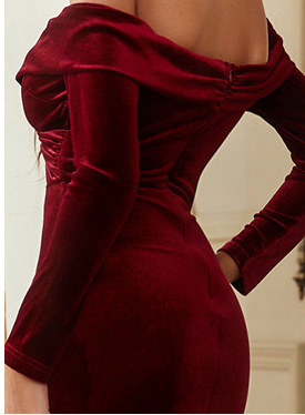 Wine Red Velvet-Look Bridesmaid Dress with Long Sleeves