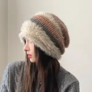 Windproof Puffy Beanie Hat with Fluffy Earflaps & Hood