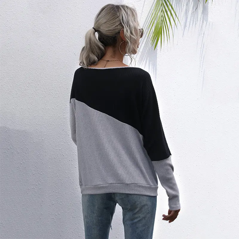 Loose-fitting Spliced Off-shoulder Pullover Contrast-color Long-sleeve T-shirt