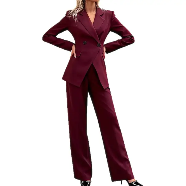 Structured Office Double-Breasted Coat, Wine Red Long Sleeve