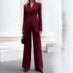 Structured Office Double-Breasted Coat, Wine Red Long Sleeve