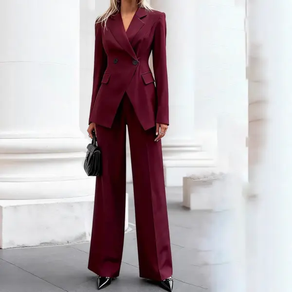 Structured Office Double-Breasted Coat, Wine Red Long Sleeve