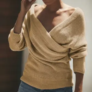 Off-Shoulder Crossover Slim Fit Crewneck Knit Sweater