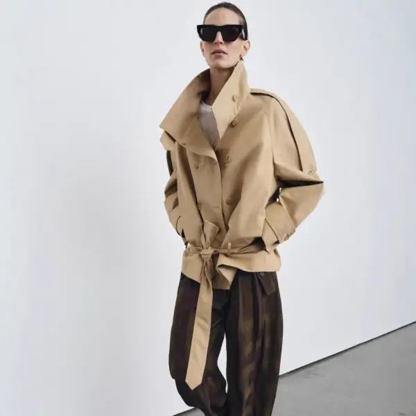 Tailored Short Khaki Double-Breasted Belted Trench Coat