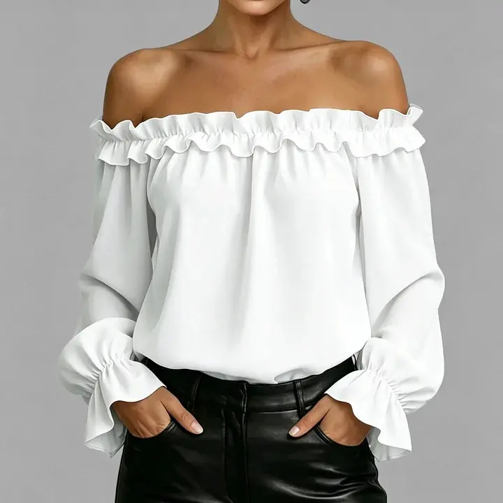 Elegant Off-Shoulder Ruffle Blouse for Women, 3/4 Sleeves Elegant Off-Shoulder Ruffle Blouse for Women, 3/4 Sleeves