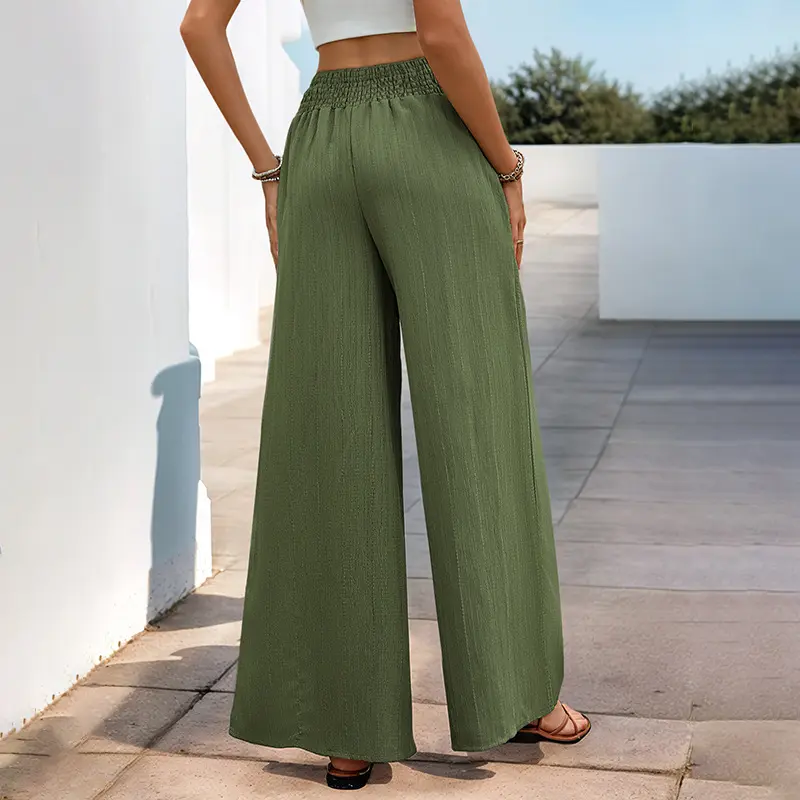 Army Green Wide-Leg Pants for Women with Elastic Waist