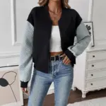 Women's Color Blocked Baseball Collar Casual Long Sleeved Zipper Jacket