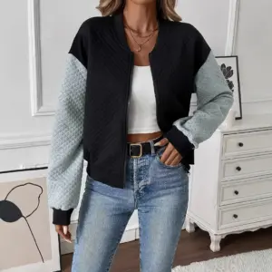 Women's Color Blocked Baseball Collar Casual Long Sleeved Zipper Jacket